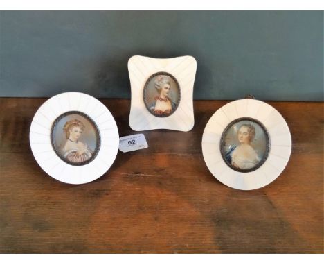 A collection of three hand painted portrait miniatures on acetate, 20th century, each of beauties and signed Esposti, mounted