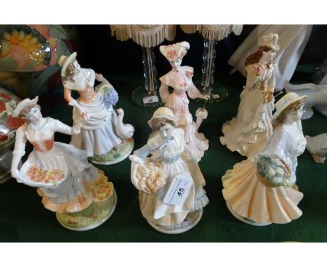 Four Royal Worcester figurines from the Pastoral Collection, together with two Coalport figurines, Lady Alice and Helena.