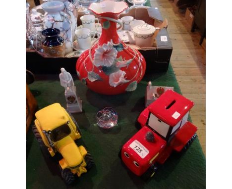 A mixed lot to include: a novelty tractor money box, two pieces of Crested china and other items.