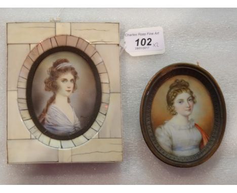 An oval portrait miniature, probably on ivory, a lady in a white dress, late 18th/early 19th English school (8cm x 6cm) glaze