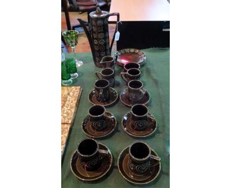A late 20th century Portmeirion Totem pattern green glazed coffee service comprising, coffee pot, six cups and saucers and ot