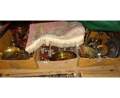 A large quantity of brass, copper and other metalwares, contained in three boxes, together with a Chinese-style carpet.