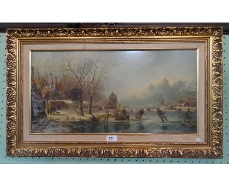 A Continental winter scene, print (29cm x 57cm) in a gilt frame.