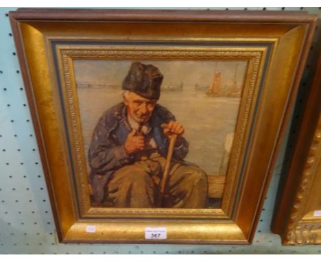 An elderly fisherman sitting at the dockside, print (24cm x 23cm), in a gilt frame.