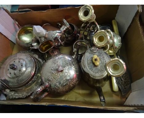 A quantity of silver plated flatware, to include: a three sconce candlesticks, toast rack, teawares and other items.