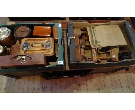 Two early 20th century mahogany squares, together with assorted items to include: WWII map case, woodworking tools, an oak de