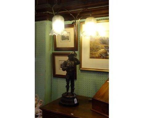 A cast metalware figural lamp, modelled as Don Juan, having twin sconce fitting with opaline shade on circular plinth (95cm t