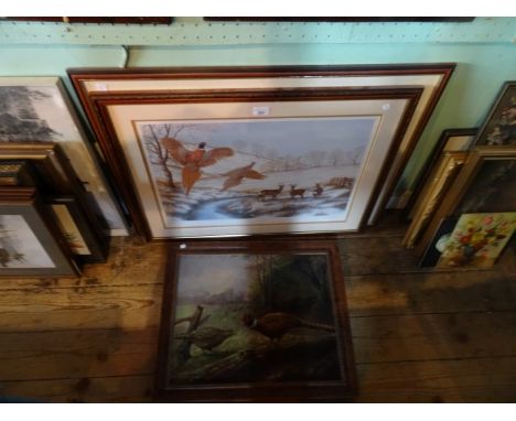 Two prints, each of pheasant, together with another print, a rural scene, various sizes, each framed.