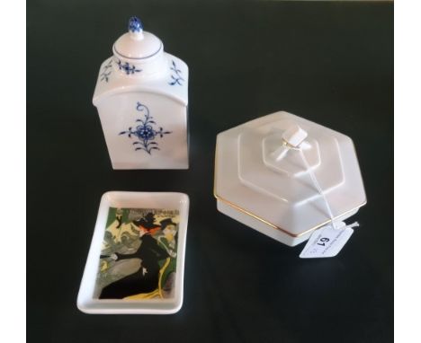A 20th century porcelain jar and cover, blue crossed swords mark to base, together with a Limoges Toulouse Lautrec commemorat