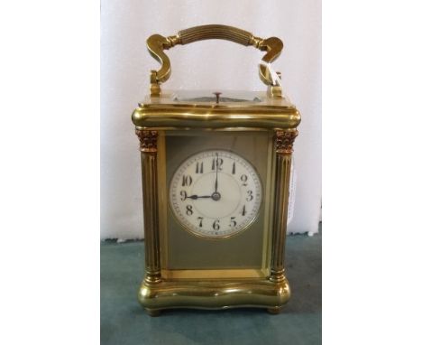 Late 19th/early 20th century French gilt brass carriage clock, having twin barrel repeating gong striking movement, the five 