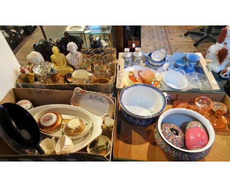 Four boxes containing a good quantity of decorative ceramics and glass, to include: Wedgwood blue Jasperware, a Shelley part-