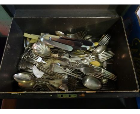 A large quantity of silver plated flatware, early 20th century and later, contained in a green leather box.