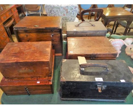 Six 19th century and and later wooden boxes, to include: specimen/tool chest, deed boxes and others.