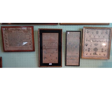 A collection of four 18th century and later tapestry samplers, the earliest dated 1739, each framed and glazed, various sizes