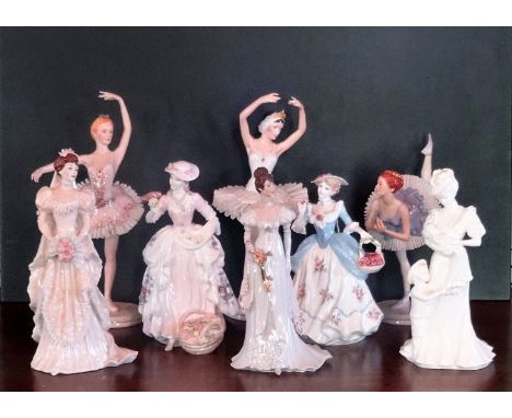 Three Franklin Mint porcelain Ballerina figurines, to include: Sleeping Beauty, Cinderella and Swan Lake, together with two C