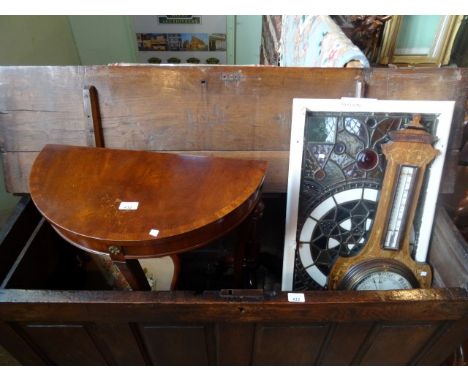 A mixed lot to include: a stained glass framed panel, an aneroid barometer, demi-lune side table, a Victorian pole screen (AF