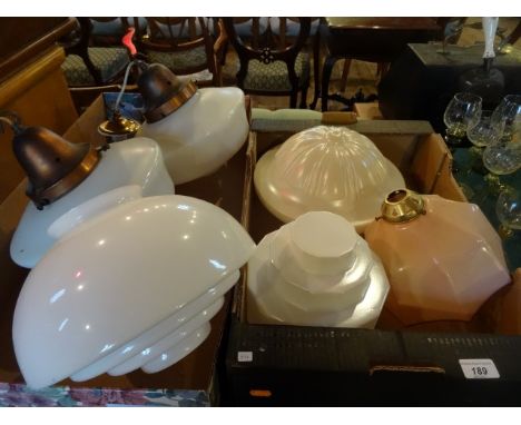 A pair of opaline circular ceiling lamp fittings, together with four other lamp shades. Condition Report: Pair = 30cm diamete