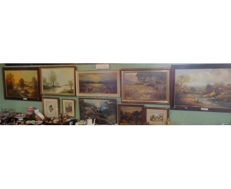 Ten pictures and prints, various mediums, to include: Continental oils and a railway print after Don Breckon.