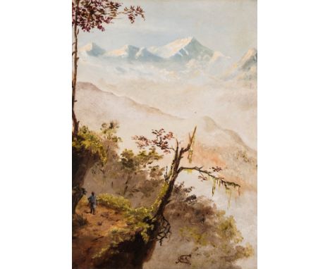 Asia.- English School (19th century) Himalayan landscape with snow-topped mountains in the distance, oil on panel, signed wit