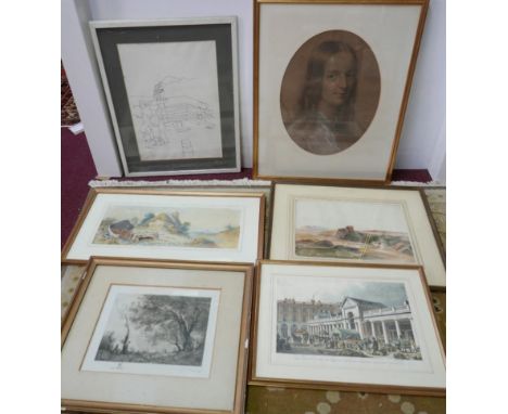 A mixed lot of pictures, to include an ink study of Masada fortress in Israel, signed and dated '71, a printed engraving of t