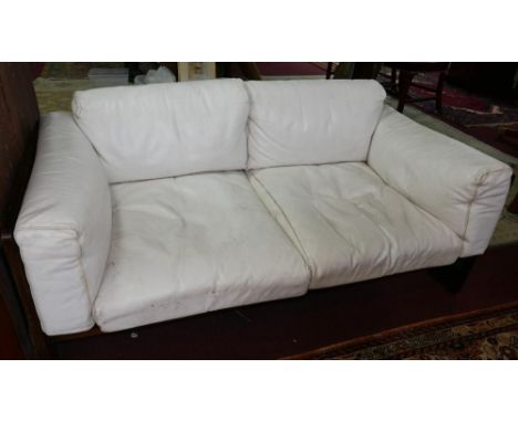 A 1970's white leather sofa by Tobia Scarpa in teak frame. L.150 H.54 D.76cm 