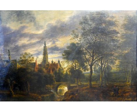 School of Lucas van Uden, a landscape scene, oil on board, H.37cm W.59cm 