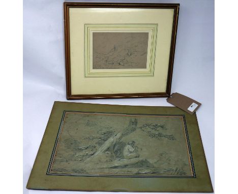A pencil sketch of a Mountainous landscape, inscribed, framed and glazed, 12 x 18cm, together with a charcoal drawing of a ma