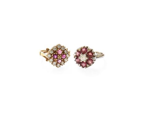 A 9 Carat Gold Diamond and Garnet Cluster Ring, finger size K; and A 9 Carat Gold Ruby and Cubic Zirconia Cluster Ring, finge