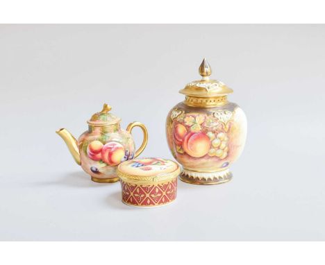 A Royal Worcester Porcelain Pot Pourri Vase and Cover, painted with fruit, signed Banks, printed black marks, 13cm high, toge