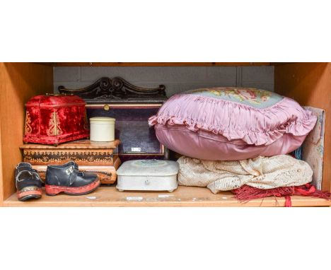 Various Textiles and Related, including a velvet mounted sewing case, marquetry jewellery box, needlwork cushion, silver moun