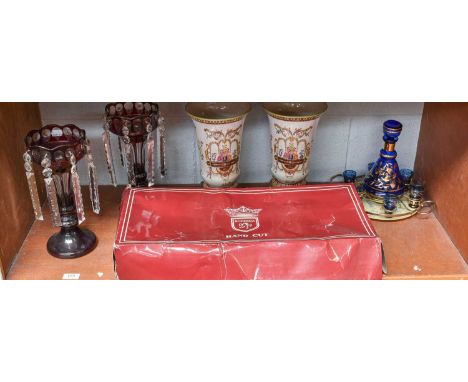 A Pair of Ruby Flash Glass Table Lustres, together with a pair of Continental vases, blue glass decanter with shot glasses, a