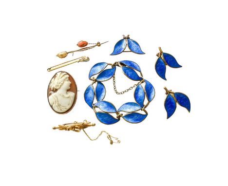 A Small Quantity of Jewellery, comprising of a brooch, stamped '15CT', length 4.3cm; a cameo brooch, stamped '9CT', measures 
