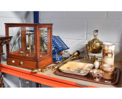 A Set of Victorian Cast Iron and Brass Scales, a mahogany cased chemical balance, a brass spirit kettle on stand, fire tools 