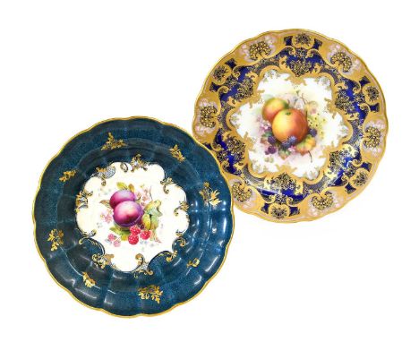 A Royal Worcester Porcelain Plate, by Ernest Phillips, 1921, painted with a spray of fruit within a broad blue and pink borde