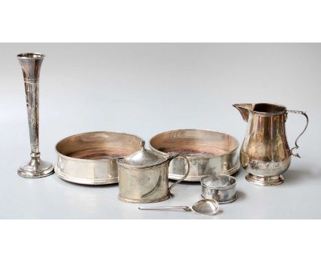 A Collection of Assorted Silver, comprising a pair of Elizabeth II silver wine-coasters; a vase, filled; a cream-jug, engrave