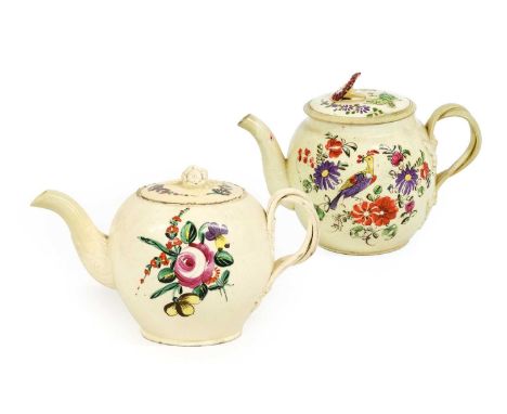 A Creamware Teapot and Cover, circa 1760, with flowerhead finial, entwined handle and leaf-moulded spout, painted with an exo