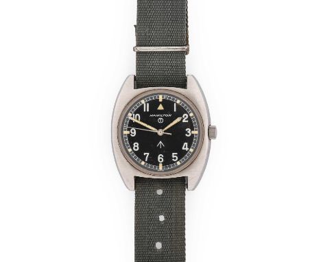 Hamilton: A British Military Centre Seconds Wristwatch, signed Hamilton, issued in 1975, manual wound lever movement, black d