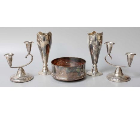A Collection of Assorted Silver, including a pair of vases, filled; a pair of two-light candelabra, filled and an Elizabeth I