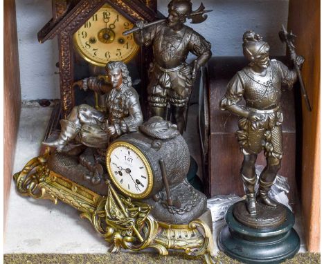 A Reproduction French Bronzed and Gilt-metal Mantle Clock, with a 1920s/30s mantle clock, a 19th century American clock and a