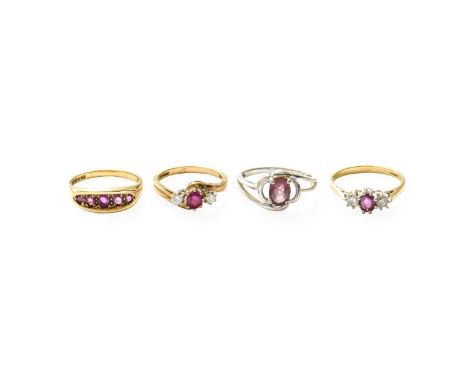 A Small Quantity of Jewellery, comprising two 9 carat gold ruby and diamond three stone rings, finger sizes K1/2 and N; a 9 c