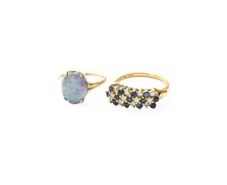 A 9 Carat Gold Sapphire and Diamond Half Hoop Ring, finger size K; and An Opal Composite Ring, finger size F9 carat gold sapp