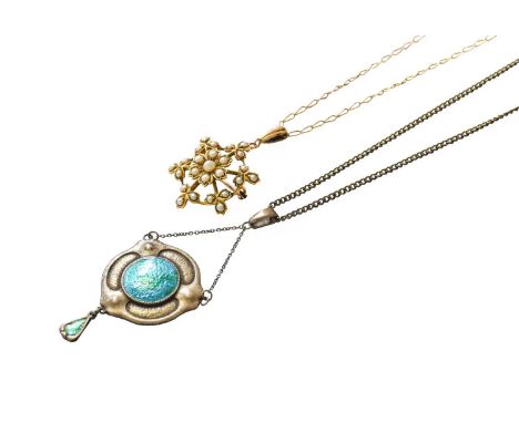 A Silver and Enamel Pendant on Chain, by Charles Horner, pendant length 5.5cm, chain length 37cm; and A Split Pearl Pendant o