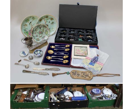 Decorative Items, including Chinese rice paper watercolours, celadon plates, cased set of silver and silver gilt teaspoons, s