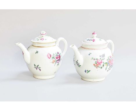 A Worcester Porcelain Teapot and Cover, circa 1770, painted in polychrome enamels with flowers, 13cm, together with a similar