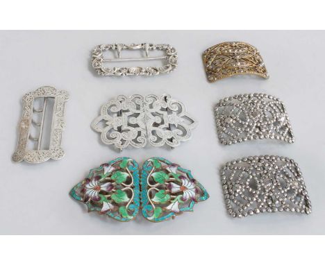 A Collection of Various Buckles, including three silver examples; an Art Nouveau enamel buckle; a pair of steel shoe-buckles 