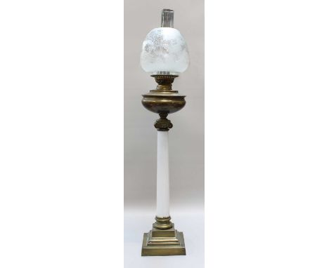 A Victorian Oil Lamp, with brass and opaque glass ionic column pedestal, together with another pair of oil lamp bases, three 