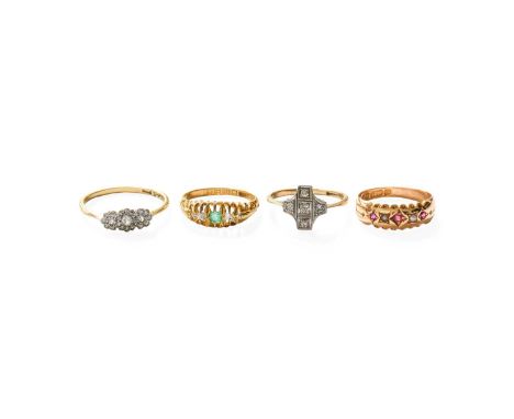 A Diamond Triple Cluster Ring, stamped '18CT', finger size Q; An 18 Carat Gold Emerald and Diamond Five Stone Ring, finger si
