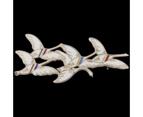 ERIK MAGNUSSEN - a Danish modernist sterling silver-gilt enamel 'Eneret' flying geese brooch, 59.7mm, 9.7g . Condition Report
