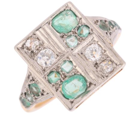 An Art Deco 14ct gold emerald and diamond plaque ring, pave set with step-cut emeralds and old-cut diamonds, unmarked mounts 