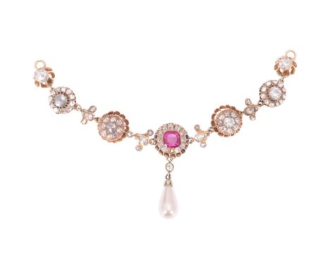 An Antique synthetic ruby and diamond necklace section, set throughout with rose-cut diamond flowerhead clusters, the central